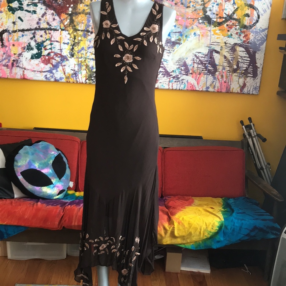 Vintage Brown Asymmetrical Embroidered Maxi Dress